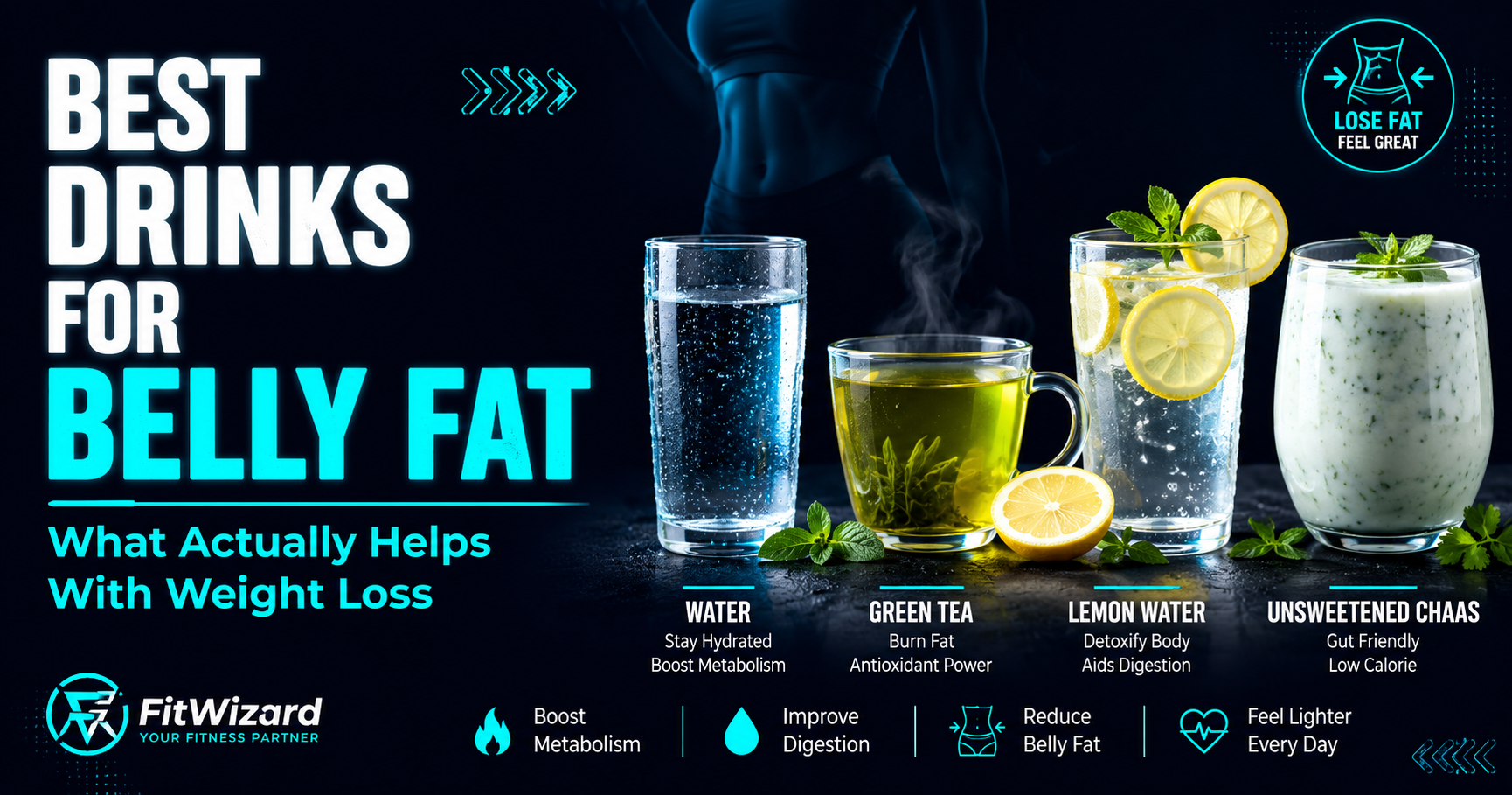 Best drinks for belly fat reduction including water, green tea, lemon water and healthy Indian beverages