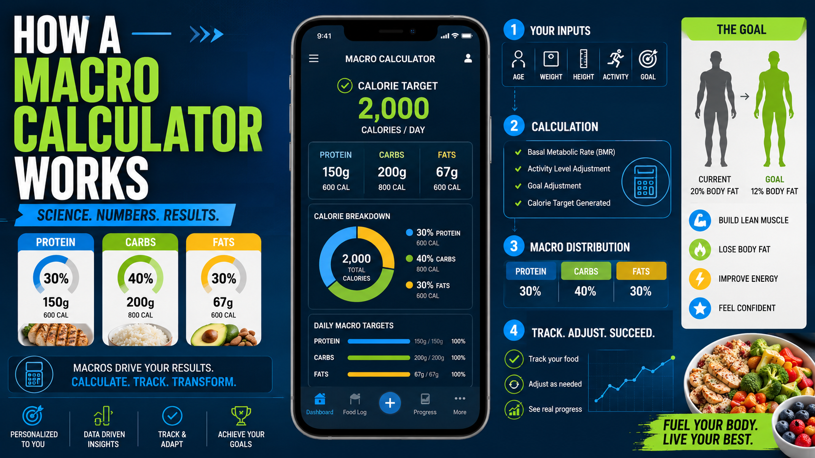 How macro calculator works infographic showing calories protein carbs and fats breakdown for fitness goals