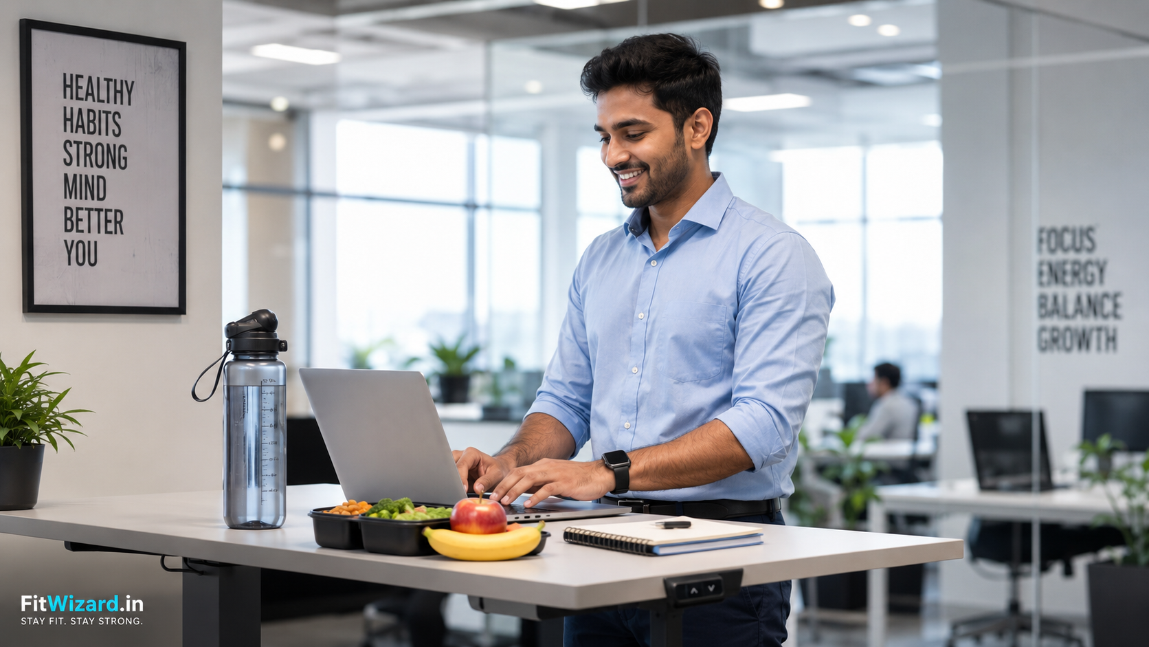 Office worker following weight loss tips with healthy lunch, standing desk, and water bottle